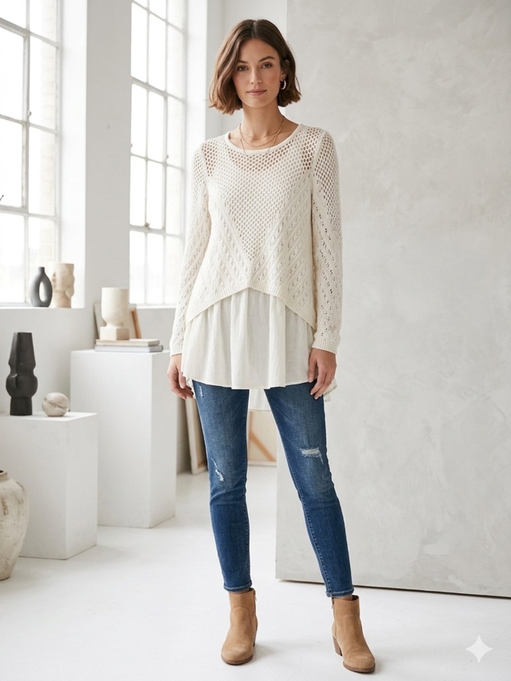 Anthropologie Ivory Crochet Open Knit Layered Sweater Set Size XS Boho Festival